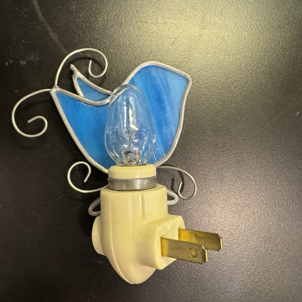 VINTAGE STAINED GLASS NIGHT LIGHT Blue Bird - Picture 2 of 4